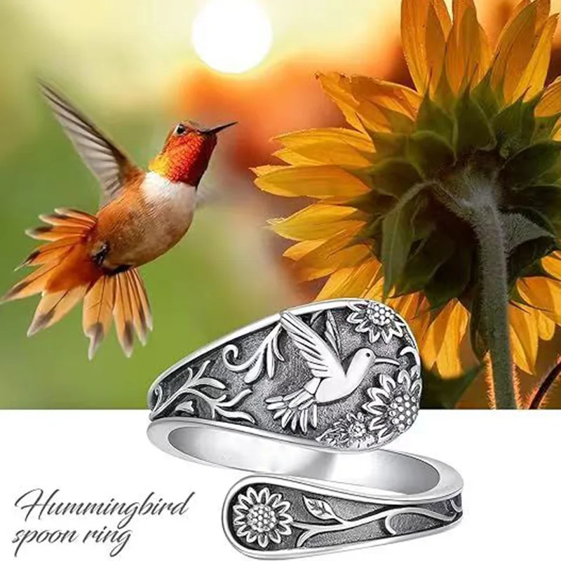 Vintage Bohemian Women's Spoon Ring, Engraved Sunflower and Hummingbird Pattern, Antique Silver Elegant Ethnic Jewelry
