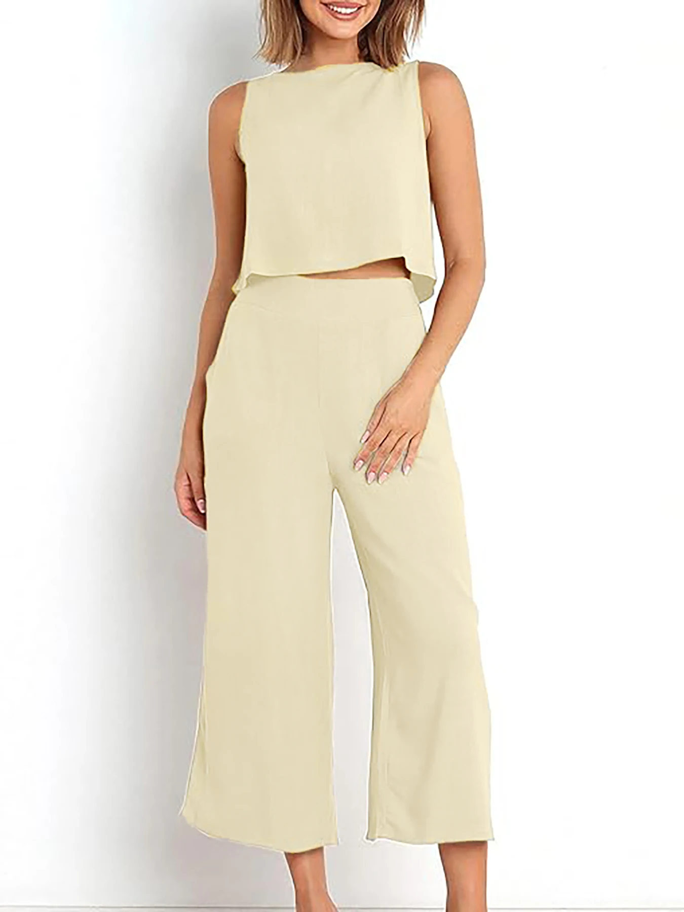 

2Pcs Women's Casual Set Solid Color Sleeveless Top Wide Leg Pants Fashion Comfortable Breathable Outfit For Office Lady Clothes