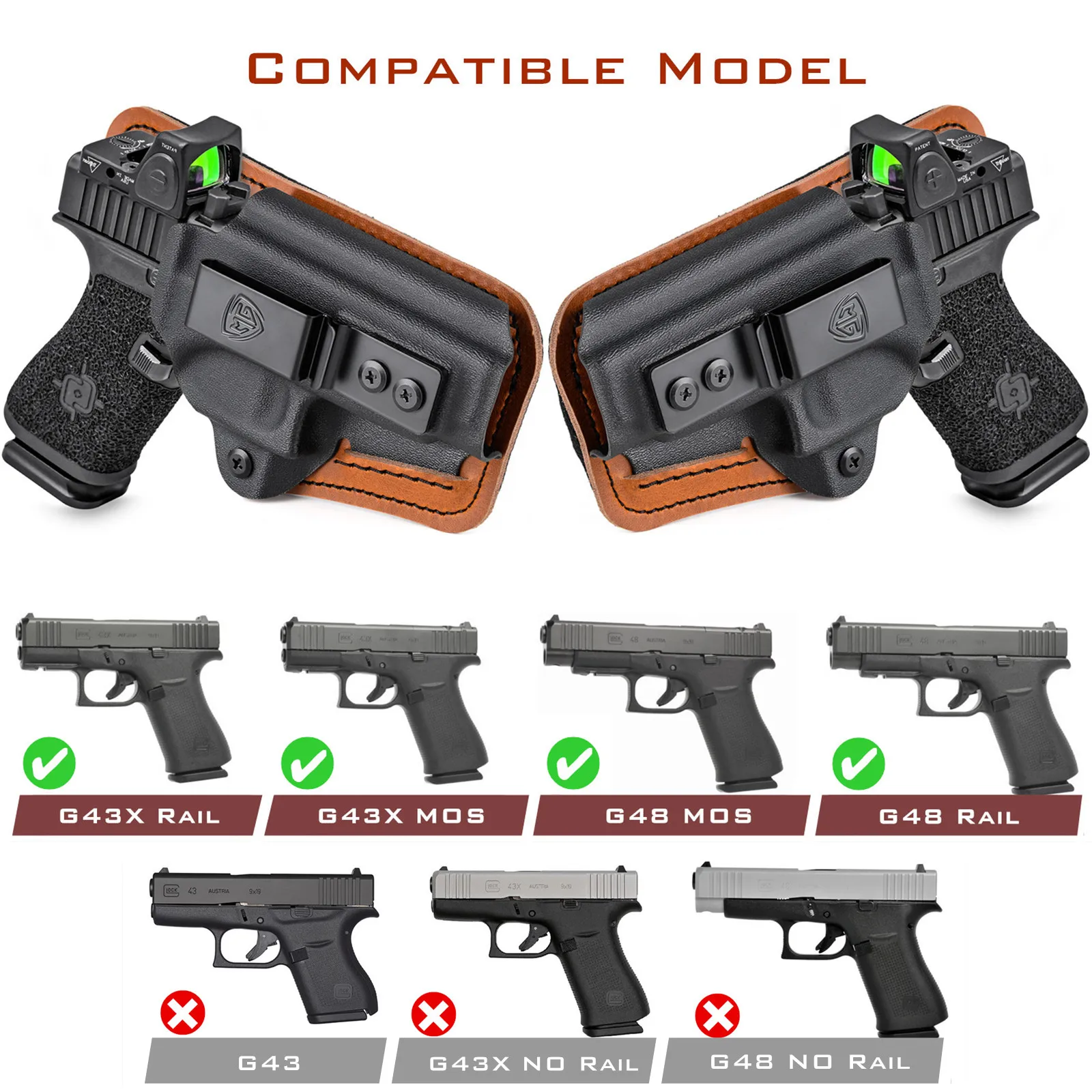 컴포트 패드 포함 G43X MOS 홀스터, IWB Kydex 가죽 하이브리드 홀스터, 글록 43X 48 MOS 레드 도트 광학 내부 은폐 캐리용