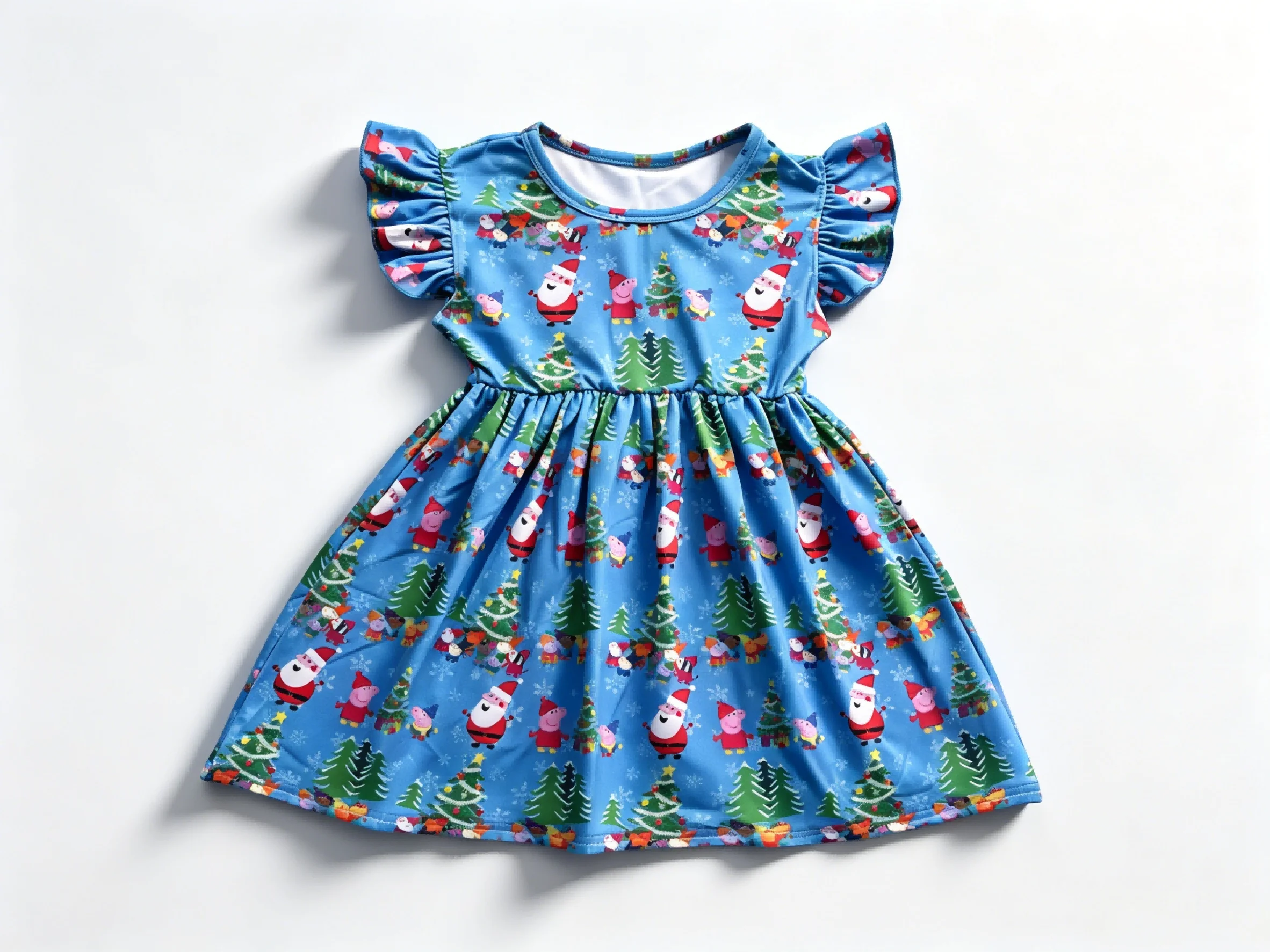 Peppa Pig Christmas Cartoon Print Girls Dress Ruffle Short Sleeve Toddler Kids Twirl Dress Baby Girl Casual Party Outfit Childre
