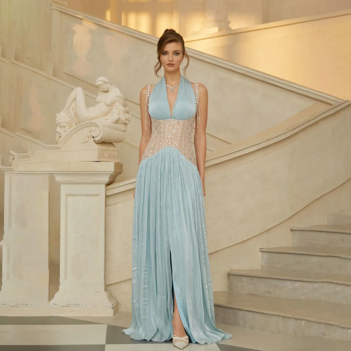 KWTX 2026 Dames Nieuwjaarsfeest Halter Hals Lange Jurk Elegant Kralen Uitgesneden Sexy Designer Lente Zomer Luxe Kantooravond