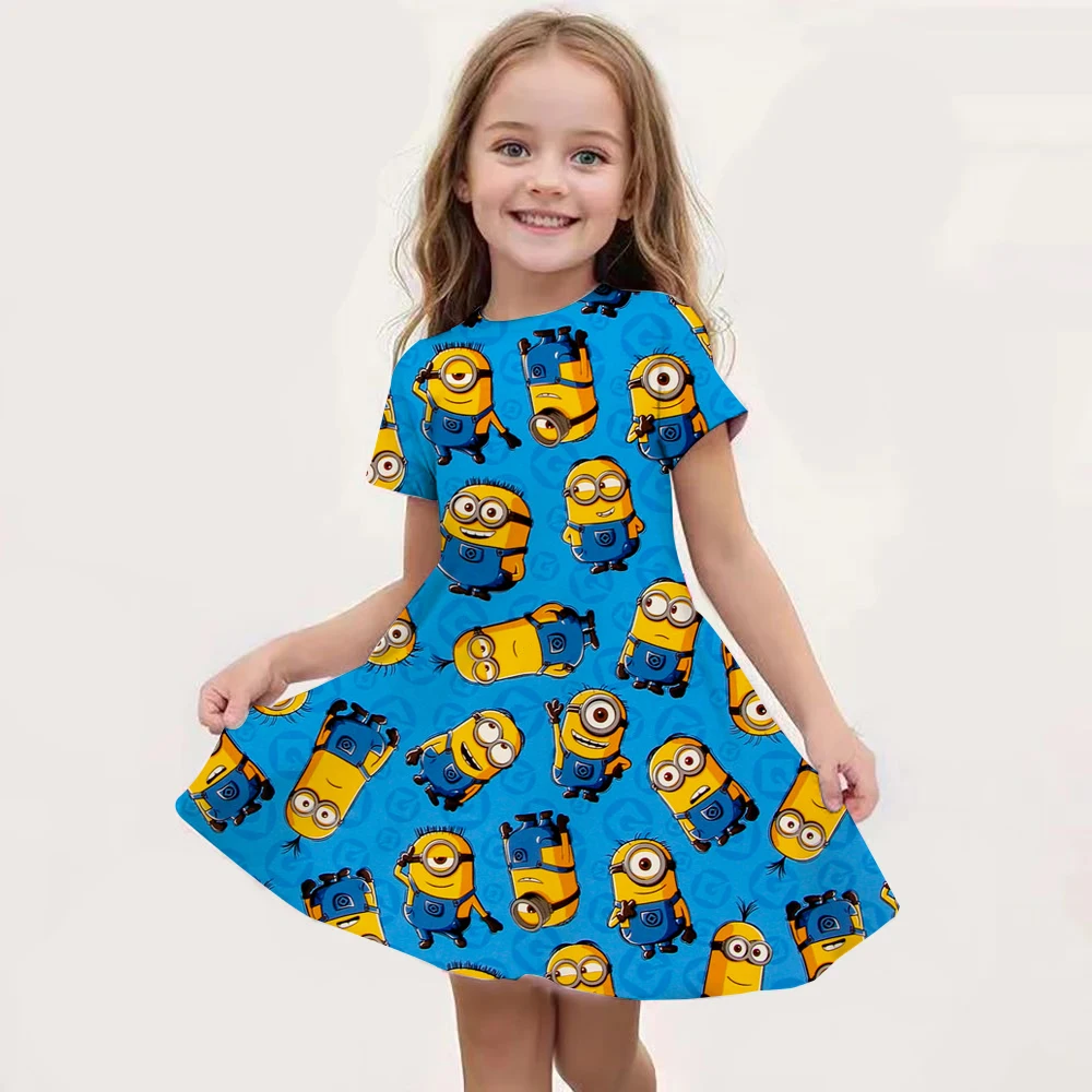 MINISO Summer Girls Cartoon Minions Print Dress Fashion Trend Dress Kids Daily Casual Stylish Short Sleeve Clothing Cute Outfit