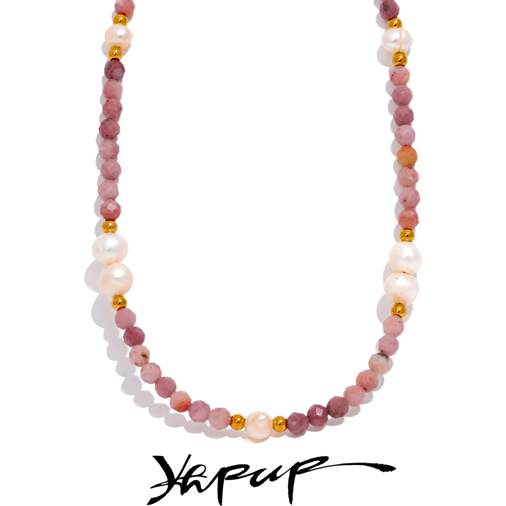 Yhpup Roze Natuursteen Zoetwaterparel Handgemaakte Ketting Rvs Rhodochrosite Sieraden Trendy Vrouwen Bijoux Waterdicht