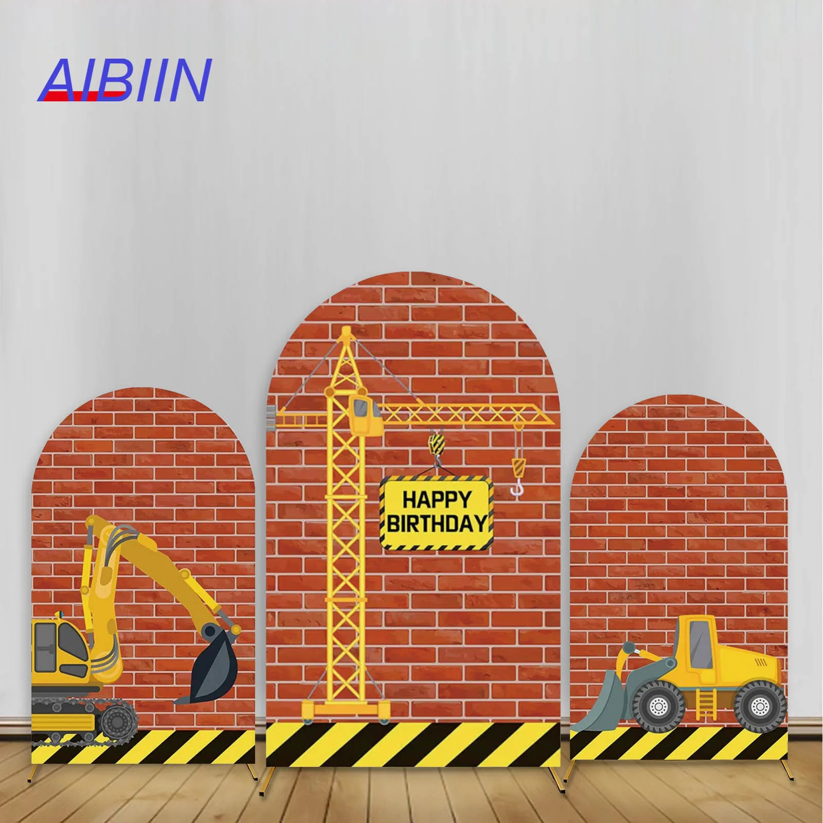 Construction Site Happy Birthday Arch Backdrop Cover Excavator Red Brick Wall Elastic Background Baby Portrait Cake Party Decor