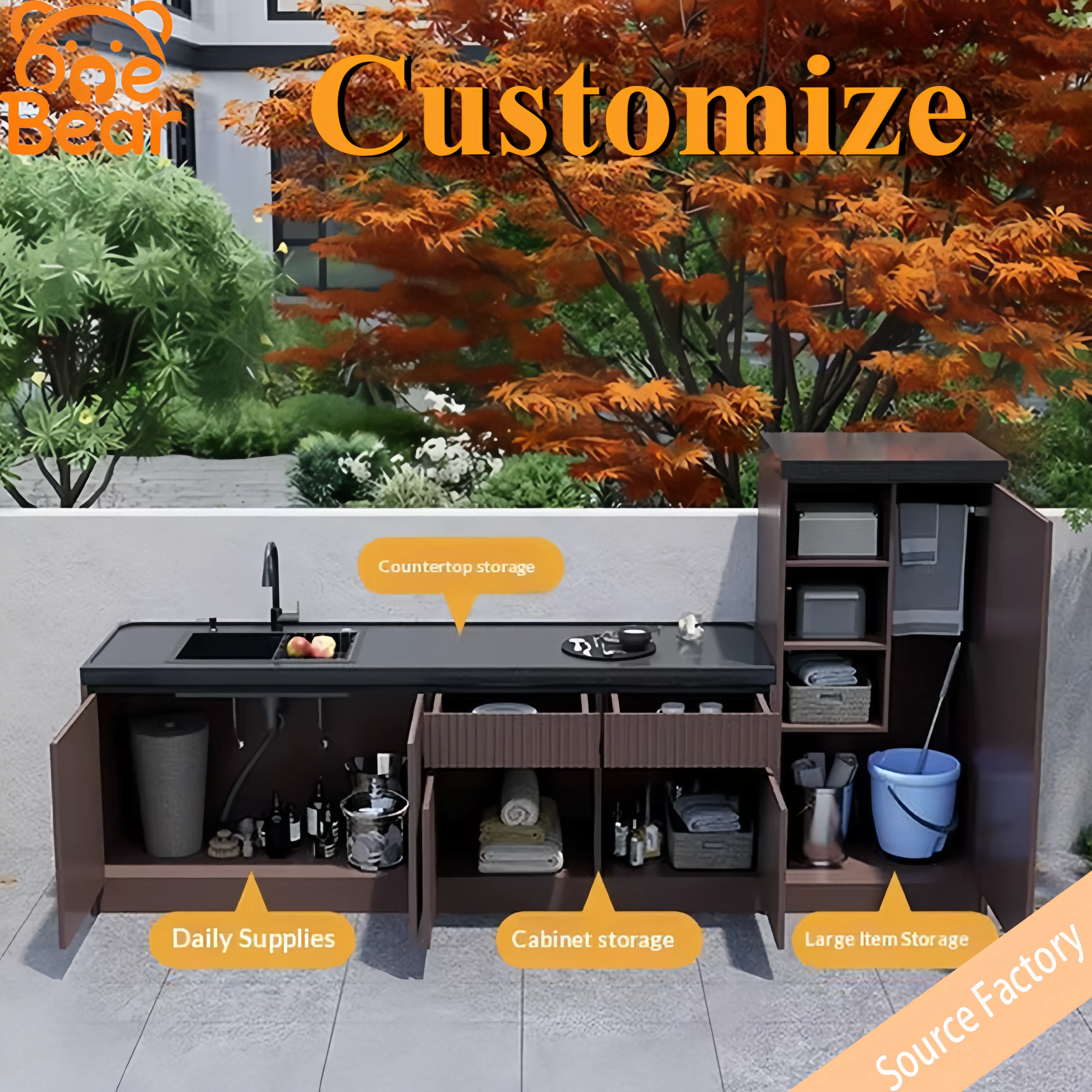 Customizable Outdoor Marble Countertops, Aluminum Alloy Storage Cabinets, Stone Washbasins, and Courtyard Island Units.