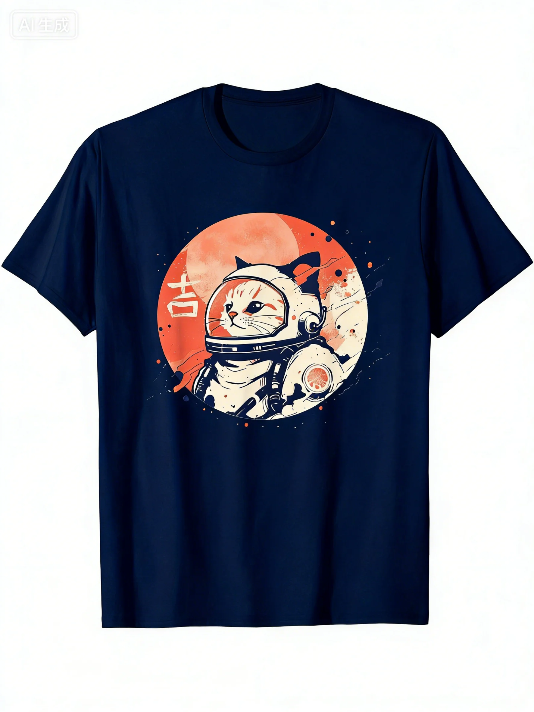 Men's Summer Japanese Minimalist 1950s Retro Space Cat Auspicious Chinese Character T-shirt for Comfortable Outdoor Daily Wear