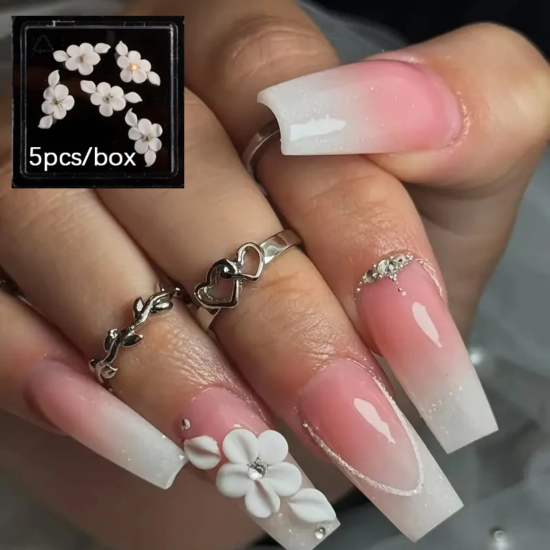 5Pcs 3D Handmade Side Acrylic Flowers With Pearl&Pile Diamond White Carving Floret Aurora Shell White Scale Flowers