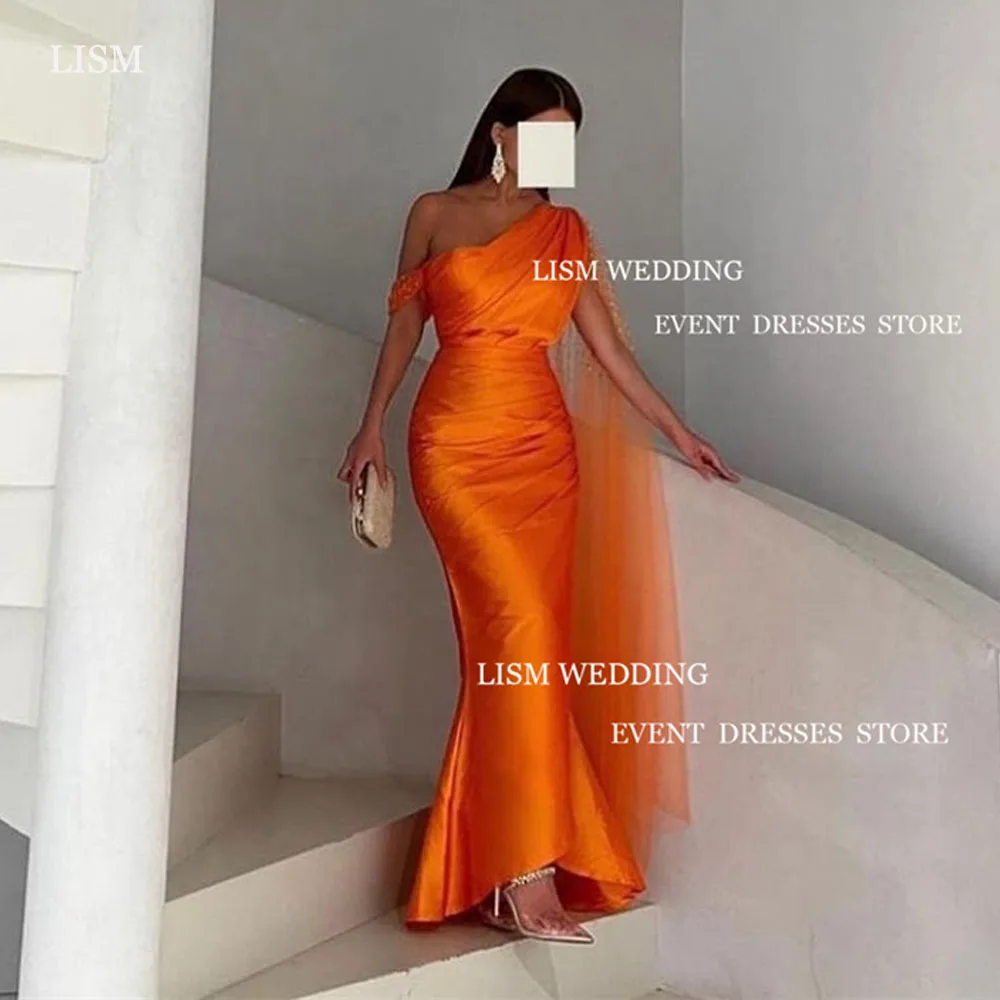 

LISM Simple Orange Satin Mermaid Evening Dresses Shiny Tulle Long Cape Sleeve Ankle Length Saudi Arabic Formal Occasion Dress