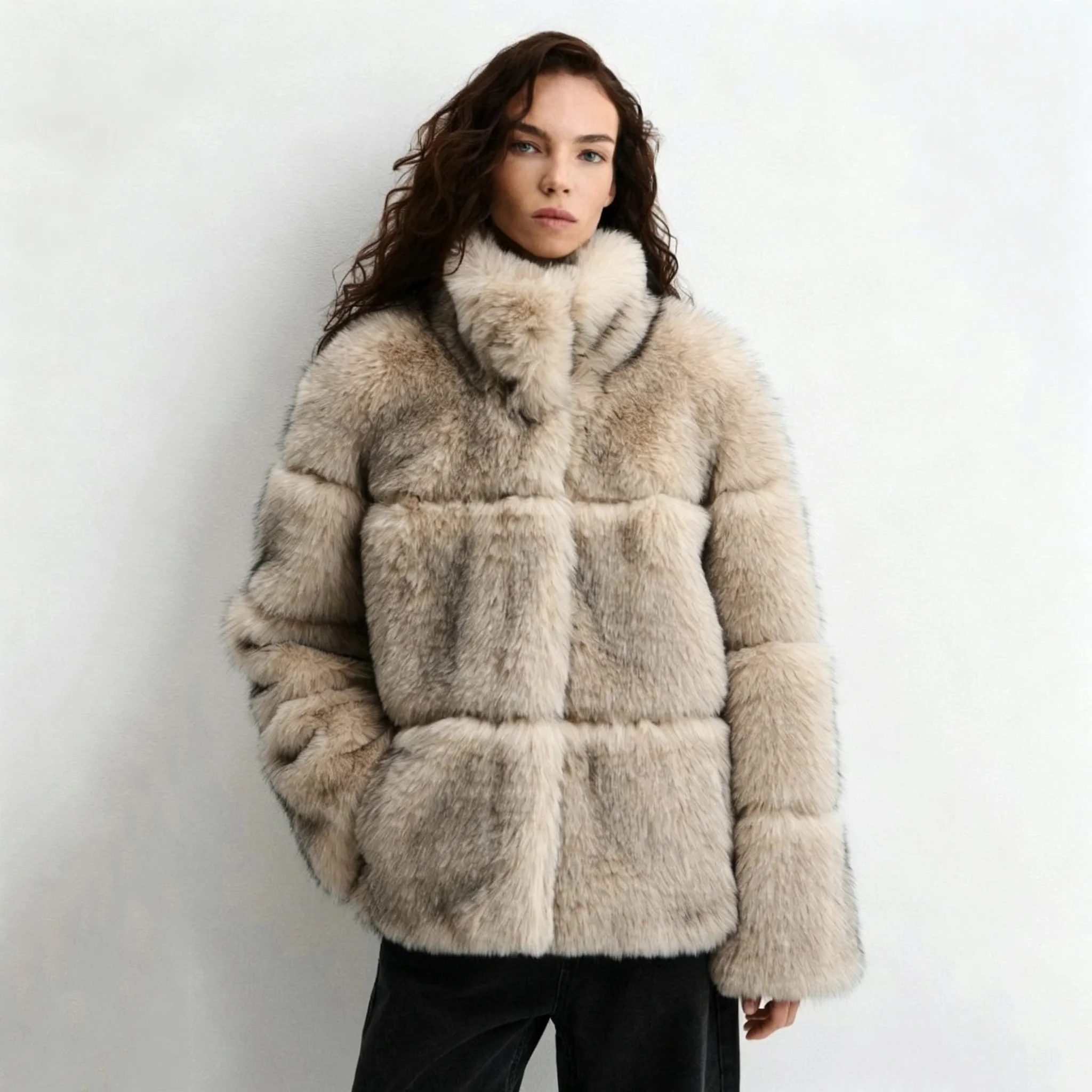 RU Women Stand Collar Faux Fur Jacket Horizontal Panel Stitching Loose Plush Warm Outerwear For Daily Street Fashion Outfits