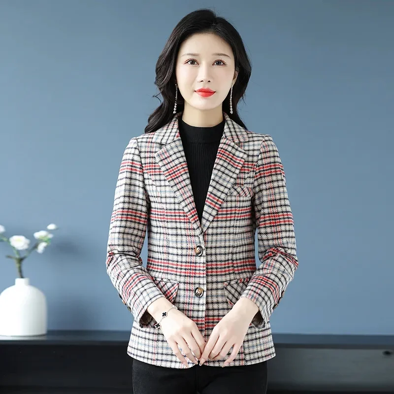 Fashion Coat Women\'s Blazer Spring And Autumn 2024 New Leisure Suit Mother\'s Coat Plaid Temperament Long Sleeve Suit Jacket