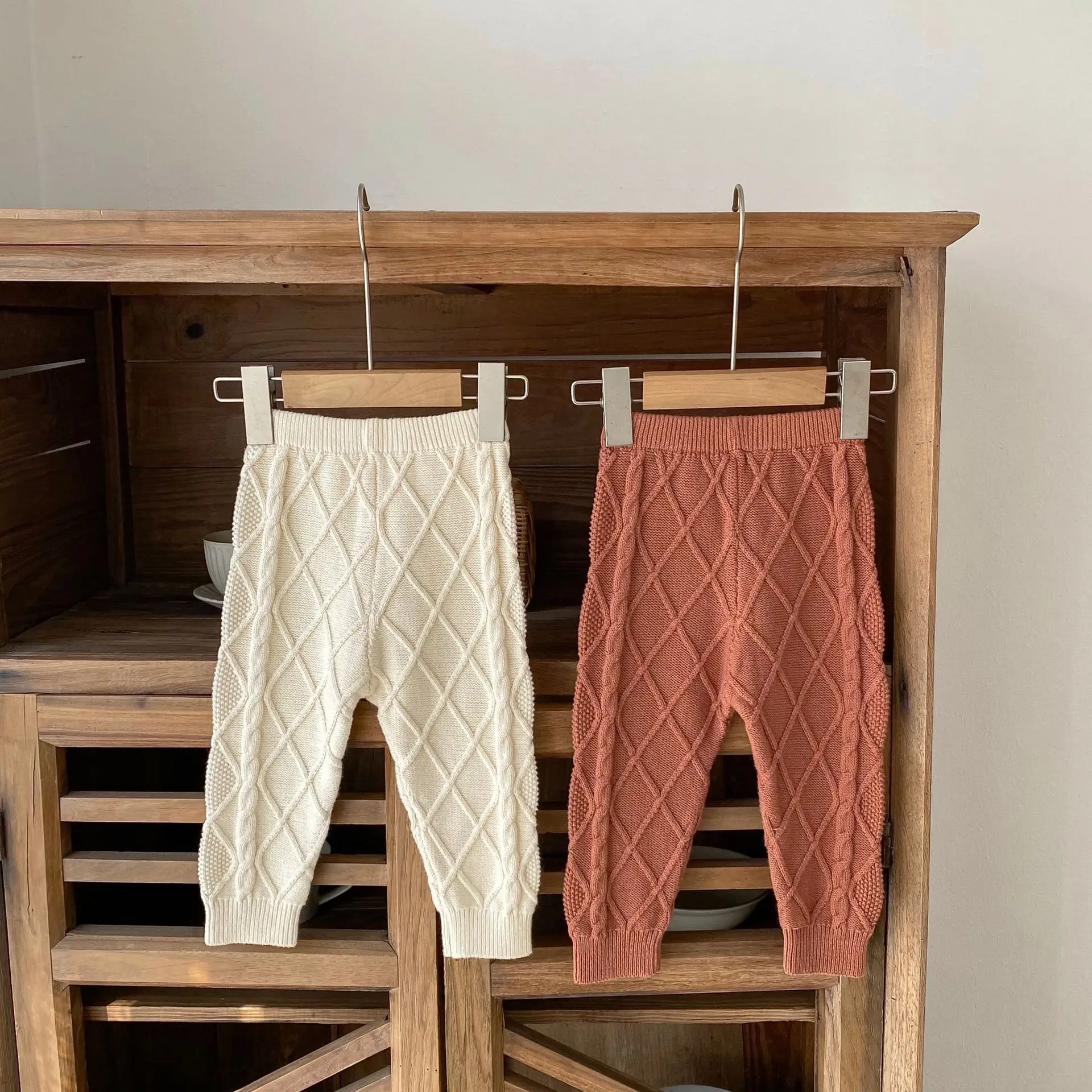 Stylish Diamond Grid Knitted Pure Cotton Pants for Infant Kids (0-3 Years) - New Arrival from INS 2023 Autumn Collection