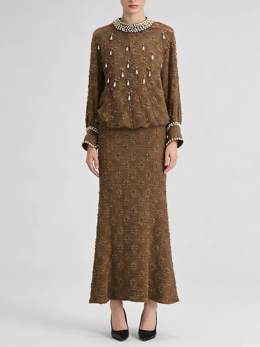 VGH Brown Tweed Pearl Embellished Two Piece Set for Women High Neck Long Sleeves Top Midi Skirt Suit for Office Business Dinners