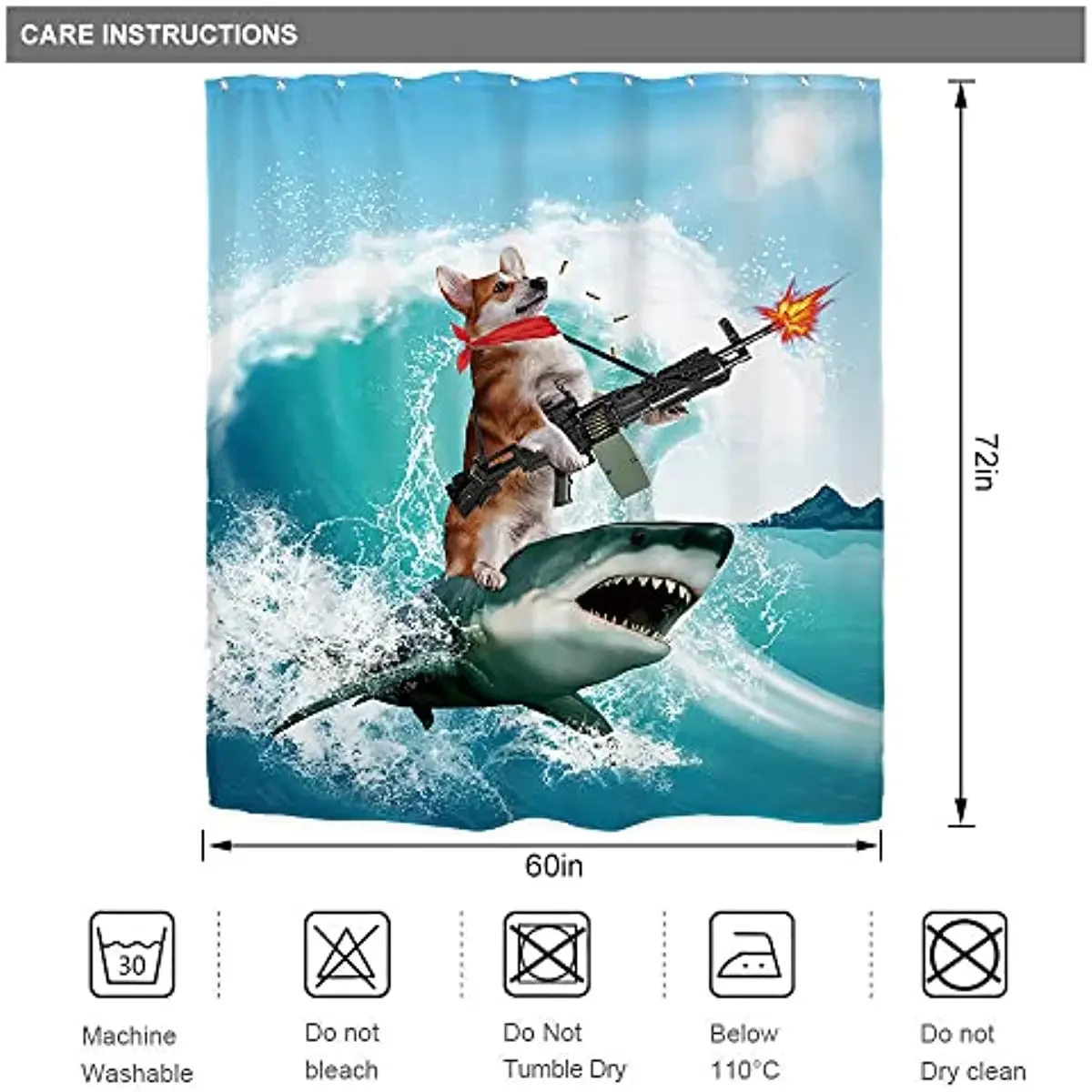 Funny Kids Shower Curtains For Bathroom Decor Corgi Cute Dog Riding Shark Nautical Ocean Boys Animal Hilarious Fabric Polyester