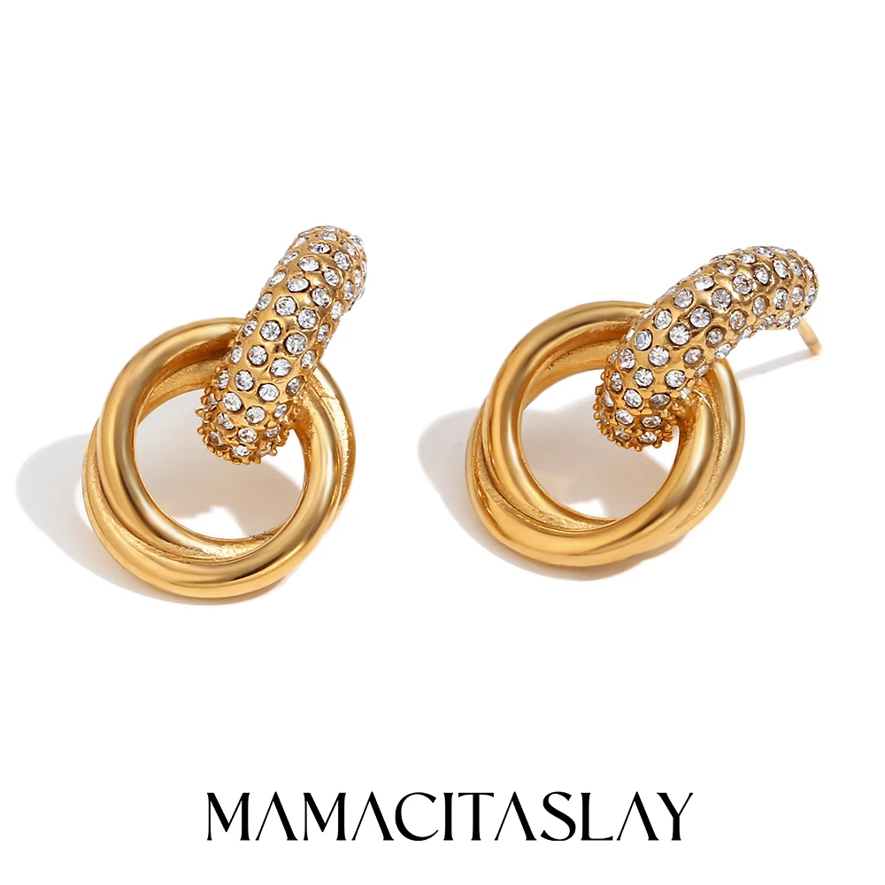 

MamacitaSlay Classic Shiny Zircon C Shape Hoops Folded Circles Drop titanium earrings trendy women's stainless steel jewelry