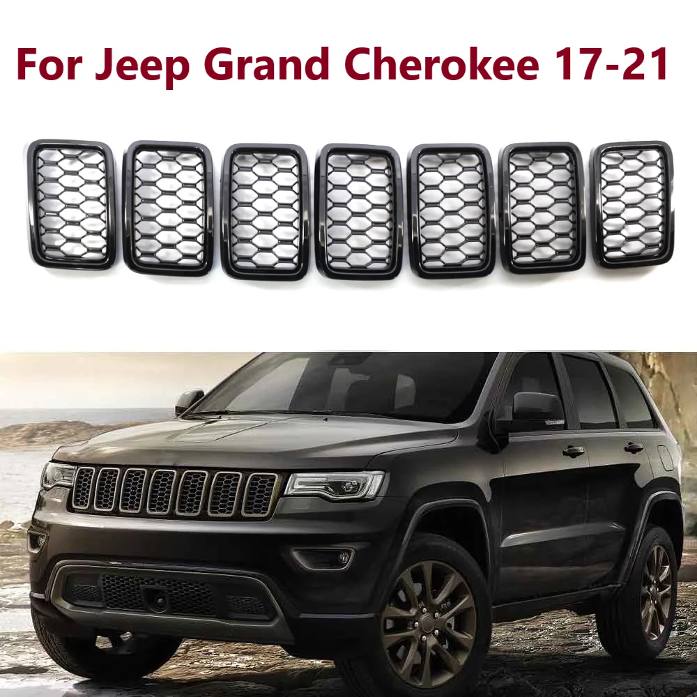 

68317863AA For Jeep Grand Cherokee 2017 ~2021 7PCS/Set Car Front Bumper Central Grill Cover Trim Mesh Honeycomb Racing Grille