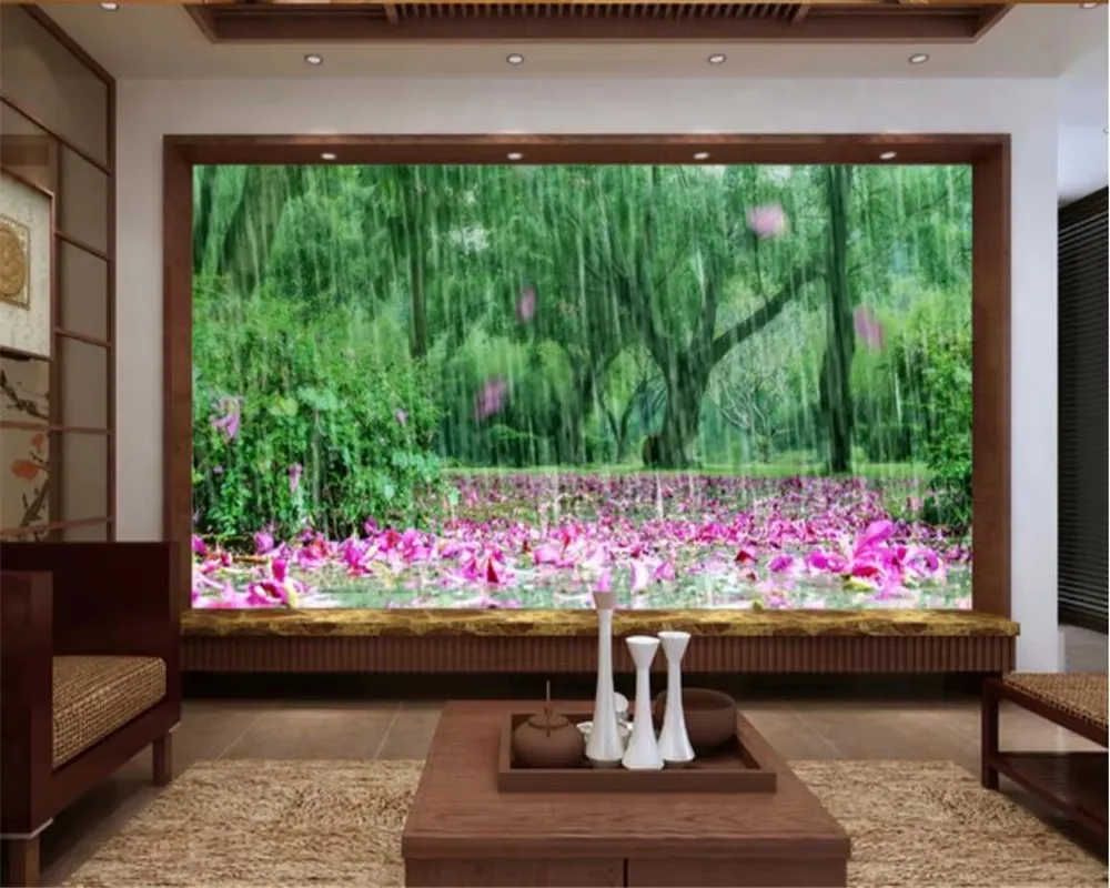 

Обои на заказ, фрески, природный пейзаж, свежий зеленый оттенок, розовые лепестки, ТВ-фон, стены, 3d обои, папье-пейнт