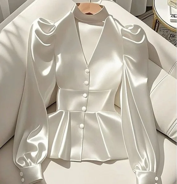 Spring French High-End Feeling, Light Luxury, Age Reducing Waist Cinching, White Satin Elegant Commuting Long Sleeved Shirt