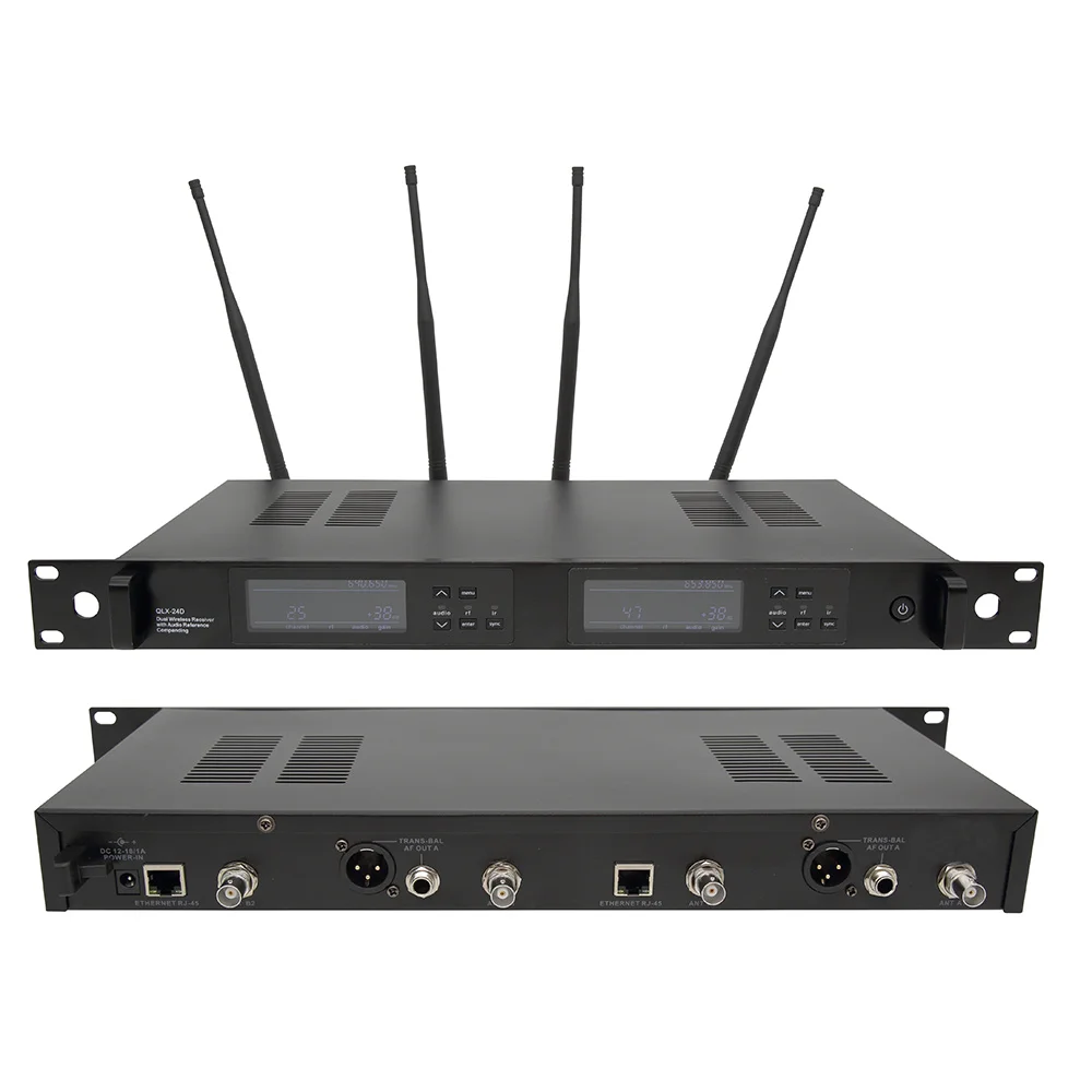 Dual-channel wireless microphone system with true diversity functionality; suitable for stage performances.