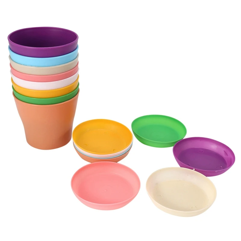 MLGB-8 Pcs 4 Inch Small Plant Pots Colorful Plastic Flower Pots Indoor Plant Pots For Office House Desk With Pallet/Trays (Blue,