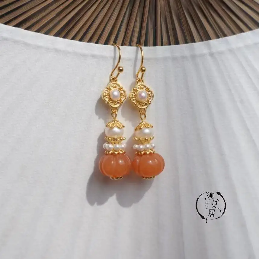 

Vintage palace style earrings with a niche design, high-end new Chinese style daily cheongsam, antique style orange earrings