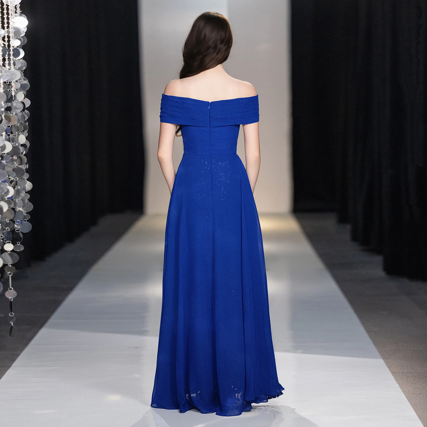 Royal Blue Off Shoulder Mermaid Evening Dress Floral Sequin Chiffon Side Train Floor Length Mother Of Bride Formal Gown image 5