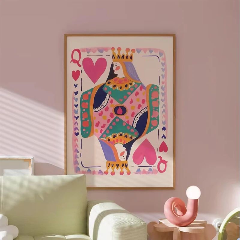 Queen of Hearts Wall Art Print Colorful Playing Card Poster Maximalist Card Decor Dopamine Queen Illustration Canvas Painting