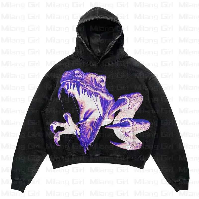 

Dinosaur Printed Hoodies Women Harajuku Vintage High Street Goth Sweatshirt Women Loose Pullover Hoodie Long Sleeve Clothes Tops