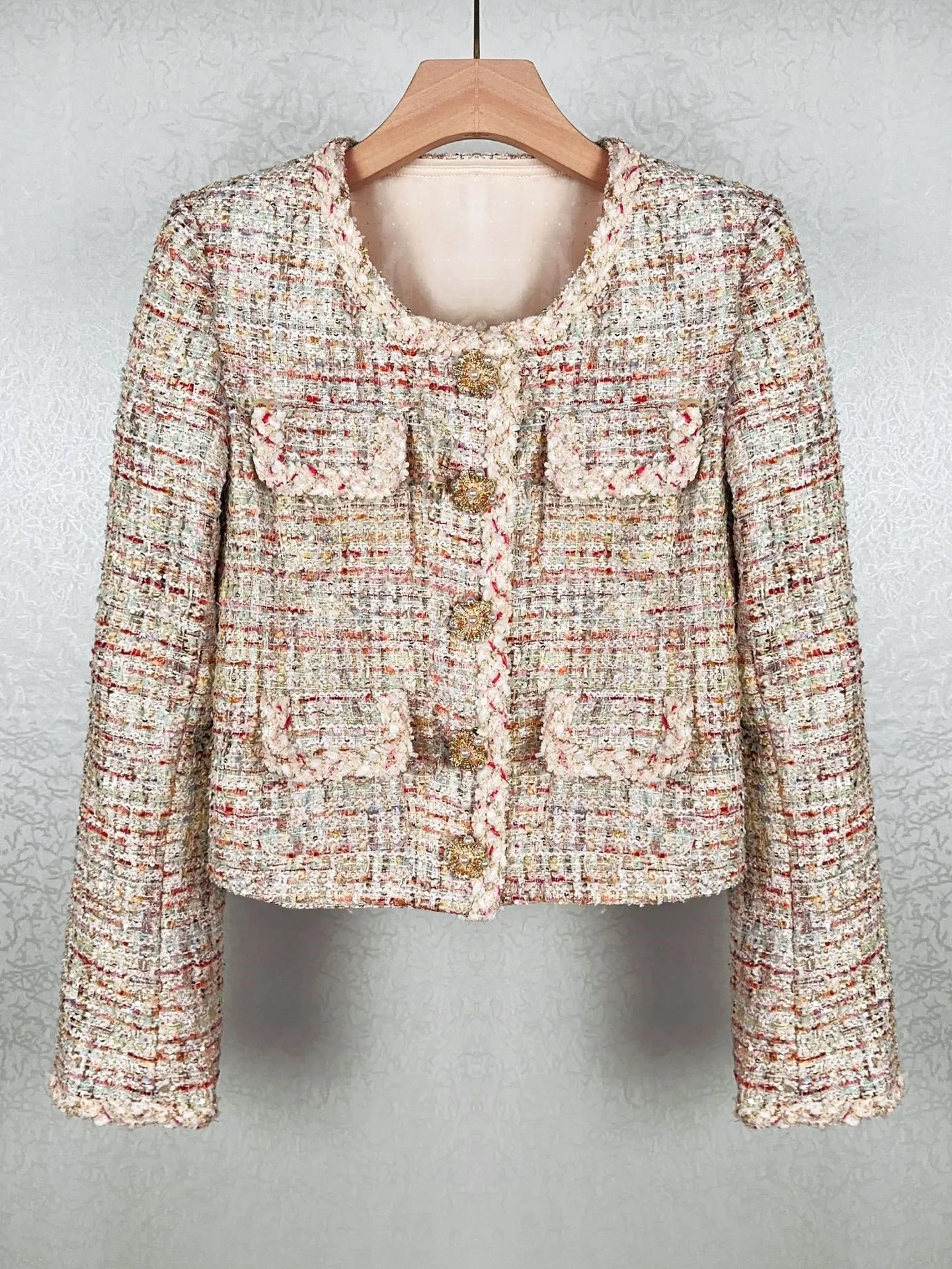 Frauen Tweed Jacke Perle Knöpfe O-Ausschnitt Langarm Pailletten Dekoration elegante Herbst 2024 Mantel