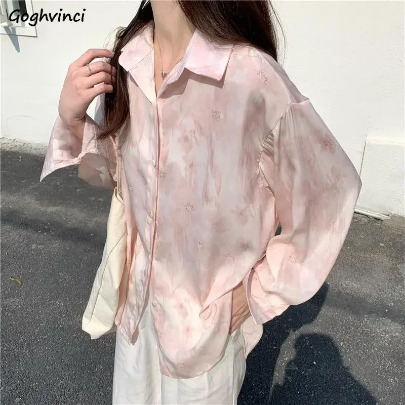 Camisas rosas Tie-dye para mujer, camisa informal de manga larga que combina con todo, estilo coreano, holgada, estética clásica Ins