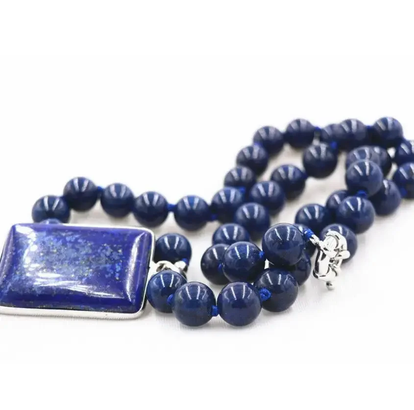 

Jewelry Beautiful 10MM blue Lapis Lazuli Beads & Cube Pendant Necklace 18 "