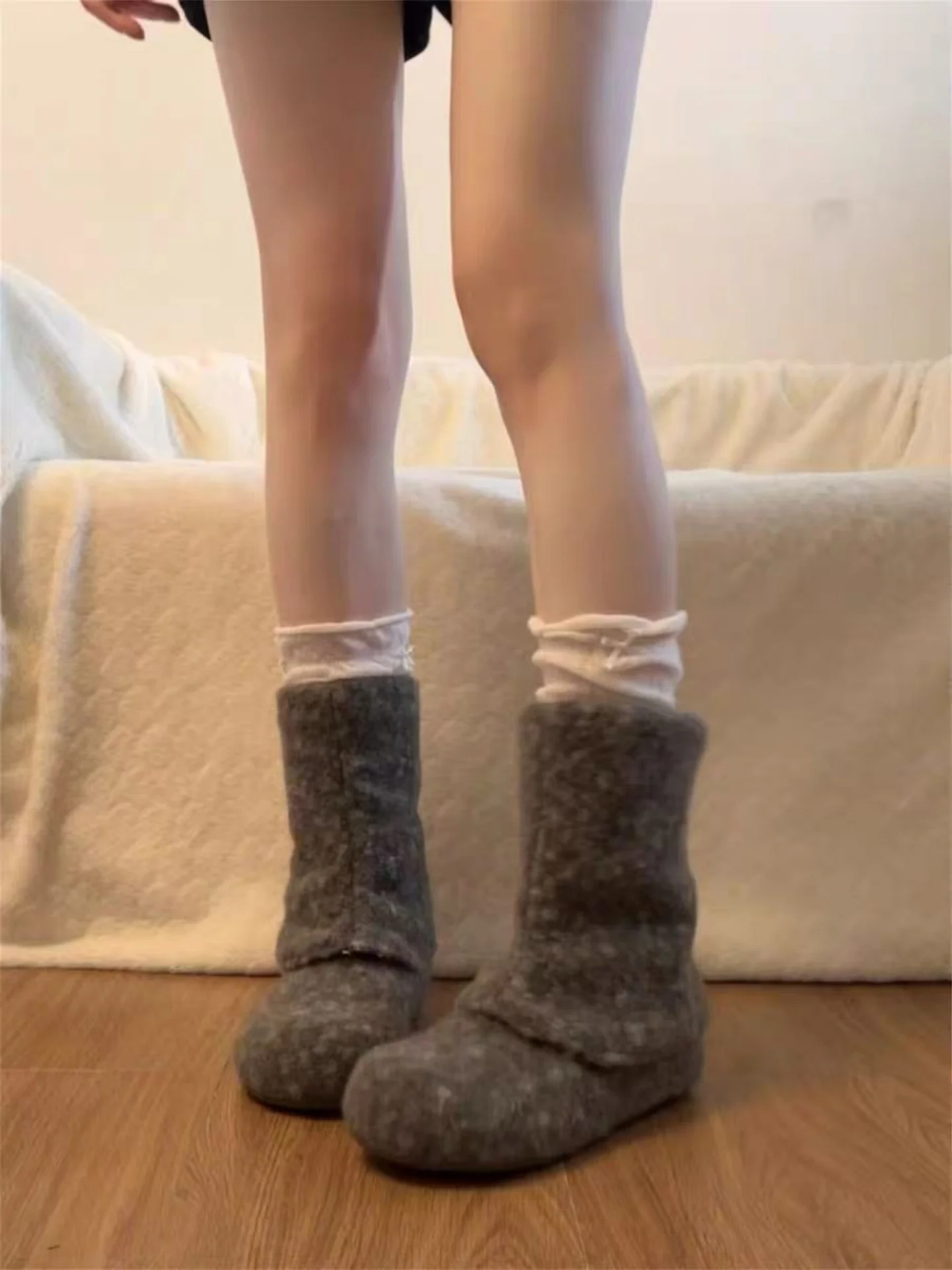 

Trendy Grey Furry Snow Boots Women's 2025 New Style Fleece Lined High inside Height Short Boots Buckle Cotton Shoes