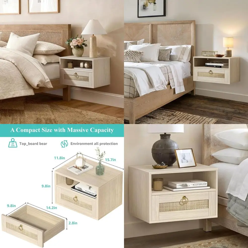 

Wall-Mounted Rattan Nightstand with Drawer: Small Wooden Boho End Table for Farmhouse Bedroom Style
