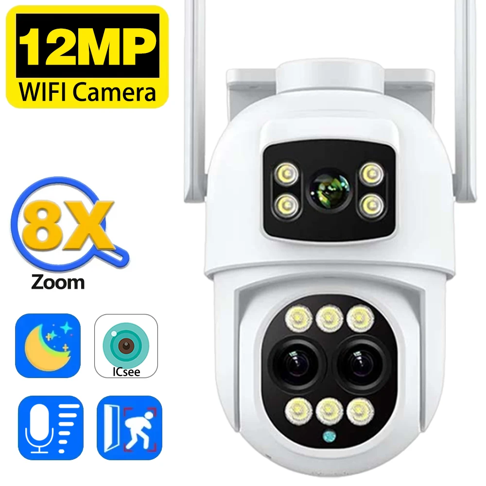 

12-мегапиксельная 6K Wi-Fi IP-камера для улицы, три объектива, двойной экран, 8-кратный PTZ-зум, видео, автоматическое отслеживание, защита, наблюдение Onvif ICSEE