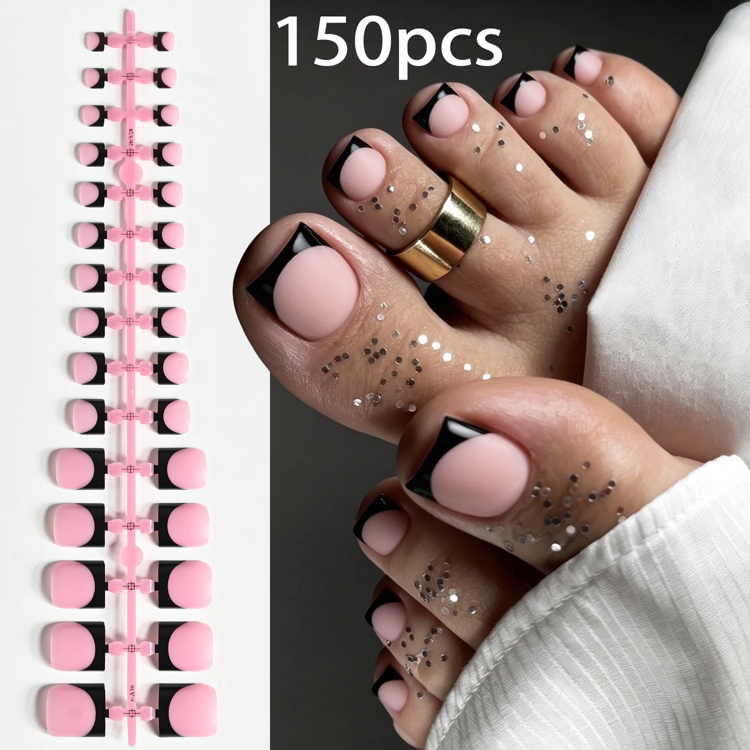 150 Stück kurze, quadratische, schwarze French-Tips-Kunstnägel für die Zehen, matte, nudefarbene, rosa Press-On-Zehennägel für den täglichen Sommergebrauch, tragbare künstliche Zehennägel. – Detail 5