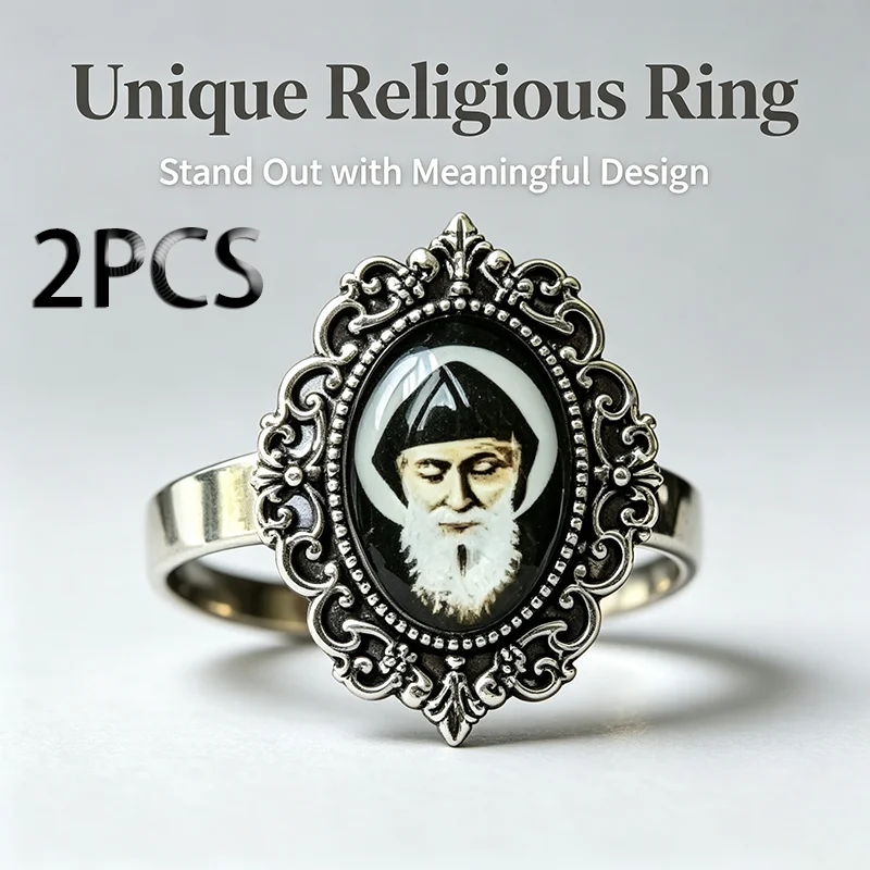 2Pcs Vintage Ornate Saint Portrait Religious Ring Adjustable Open Band Catholic Devotional Jewelry for Men Women Faith Prayer Gi