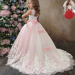 Teen Girls Embroidery Lace Wedding Party Bridesmaid Dress 12 14 Yrs Children Tailing Dresses Formal Occasion Long Dress Vestidos