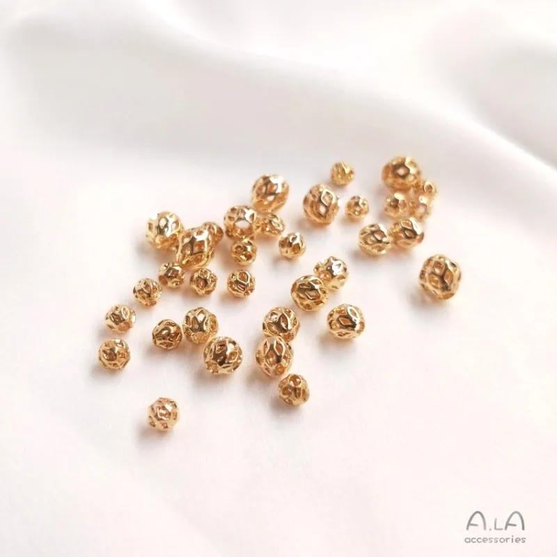 Color Retention 14K Gold Beads Loose Beads Hollow Net Round Beads DIY Handmade Bracelet Jewelry Accessories