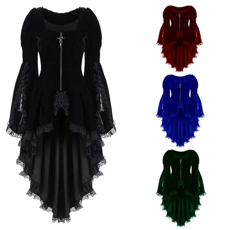 Women Gothic Long Sleeve Lace Stitching Velvet Tuxedo Jacket Medieval Aristocratic Ladies Vampire Dress Lolita Cosplay Costume D
