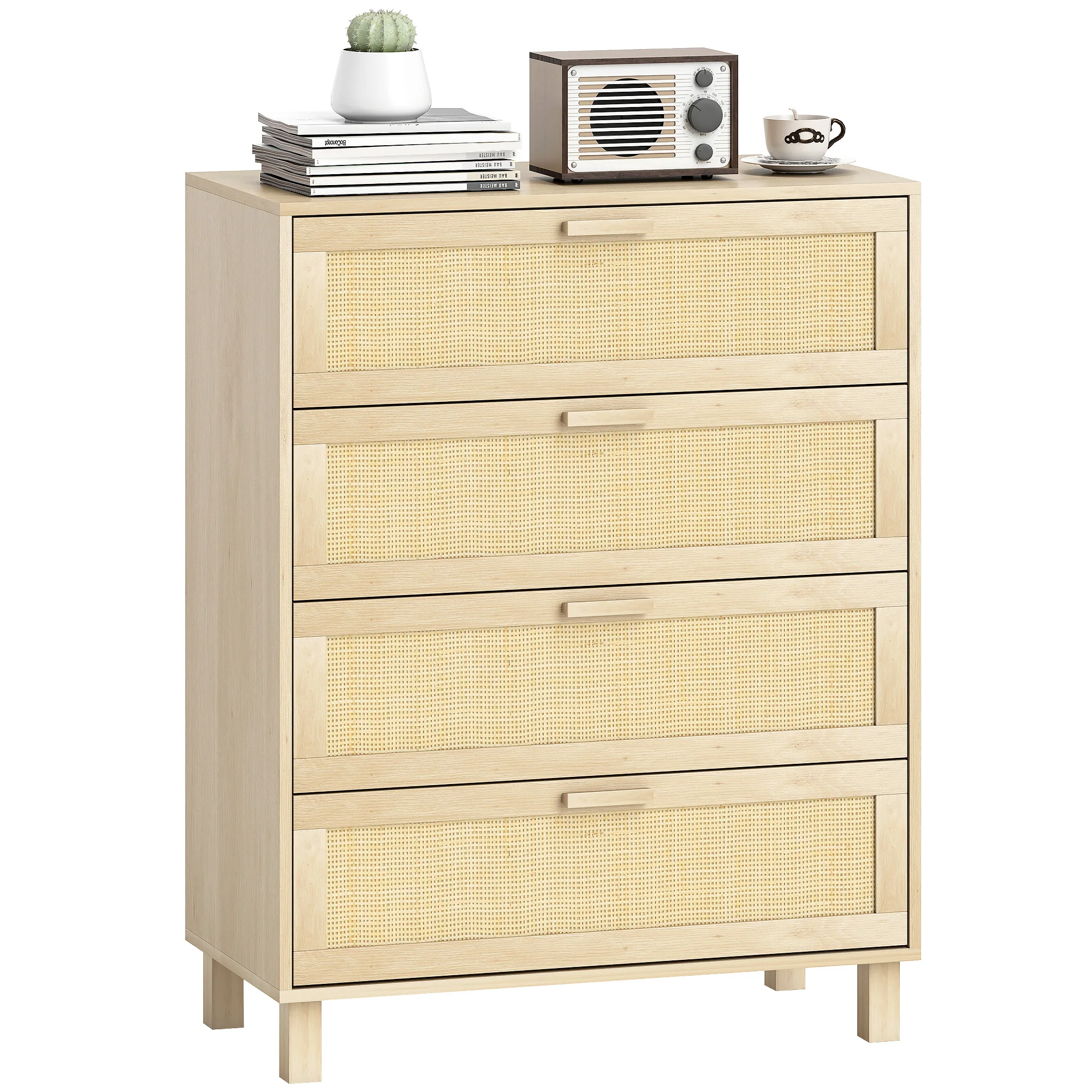 HOMCOM Commode 4 tiroirs cannage en rotin dim. 80L x 40l x 103H cm MDF Aspect Bois Clair