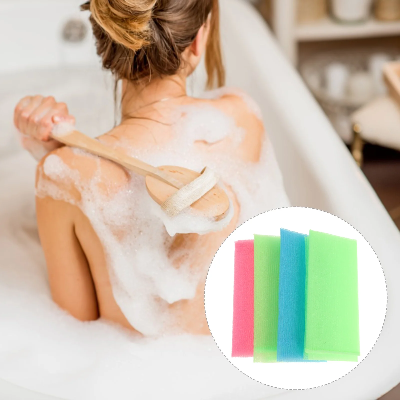 

4pcs Long Nylon Bath Towel Exfoliating Shower Washcloth Body Cleansing Mixed Color Lightweight Compact Travel Fast Drying