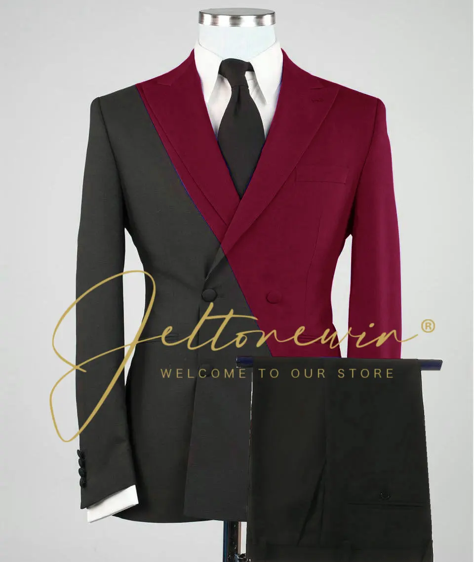 

Lastest Design Black And Burgundy Double Breasted Men's Groom Suits For Wedding Formal Prom Party Tuxedo Costume Homme