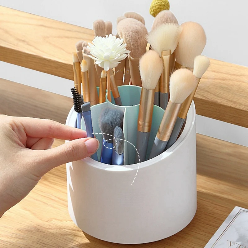 Rotatable Makeup Brush Storage Bucket, Dresser, Dust-Proof With Lid, Pen Holder, Large-Capacity Storage Box 13X24cm