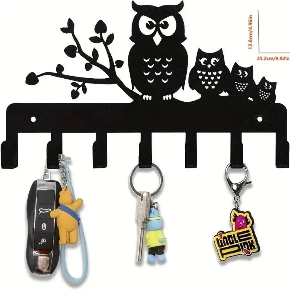 Metal Owl Key Holder Hooks, 7-Hook Wall Rack for Door Wall Decor, Black Entryway Foyer Organizer view 6