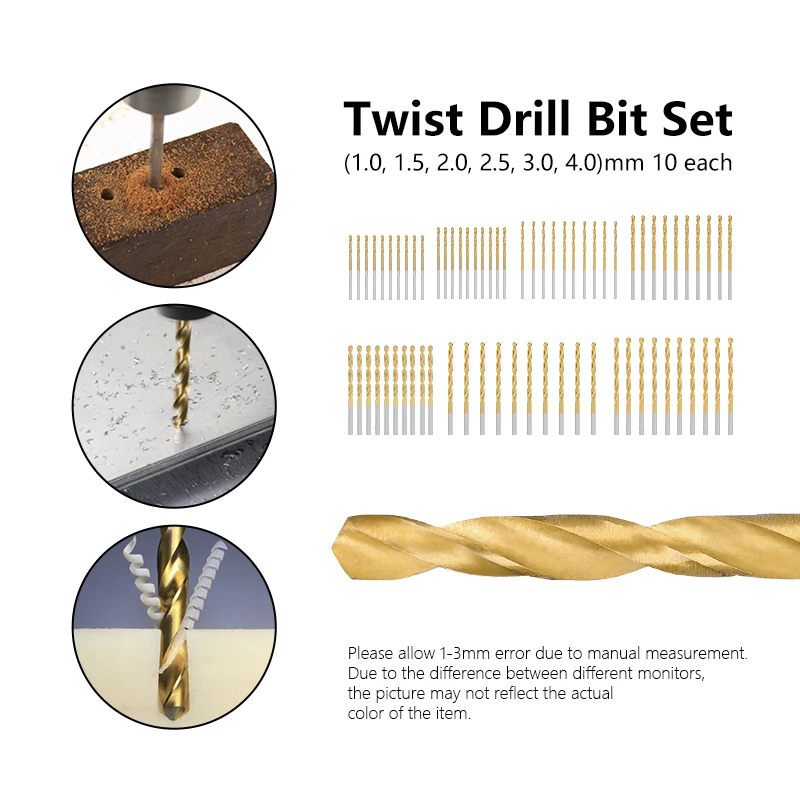 70pcs Twist Drill Bit Set 1.0/1.5/2.0/2.5/3.0/4.0mm Wood/Metal Hole Cutter Titanium Coated HSS Drill Bit Set