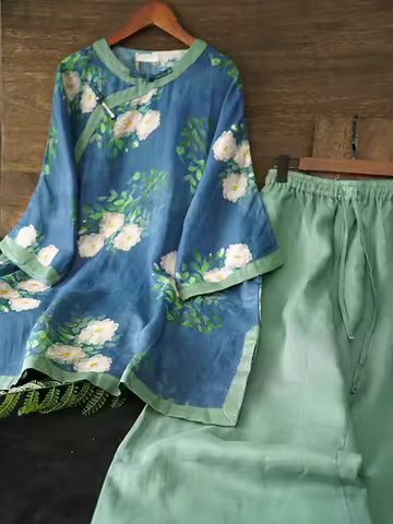 Summer Style Women Vintage Print Ramie Blouse Elastic Waist Double-deck Cotton Linen Wide Leg Trousers Suit Two Piece Sets D337