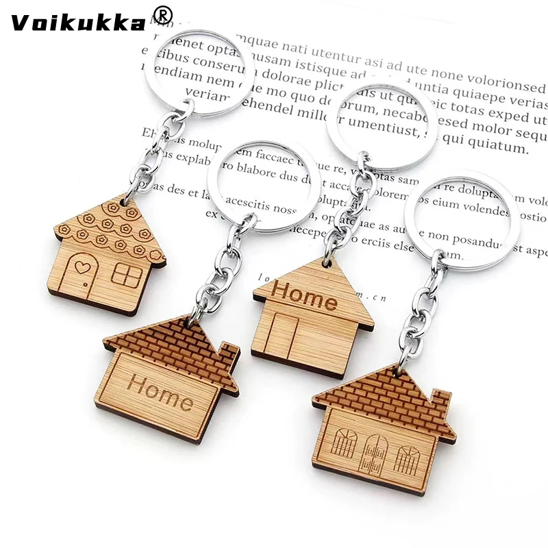 Voikukka Jewelry ETSY Hot Sale Wood Pendant Keychain Home Key Ring Laser Engraving Pattern Key Chain For Gifts Wholesale images - 6