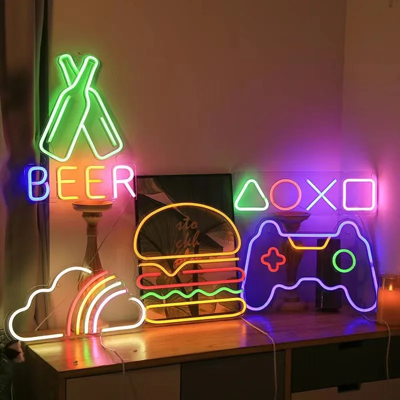 Game Neon Night Light Signs for Wall Playstation Decor Button Keyboard Gamer Led Lights Gaming Gifts Ideas for Teen Boys Bedroom