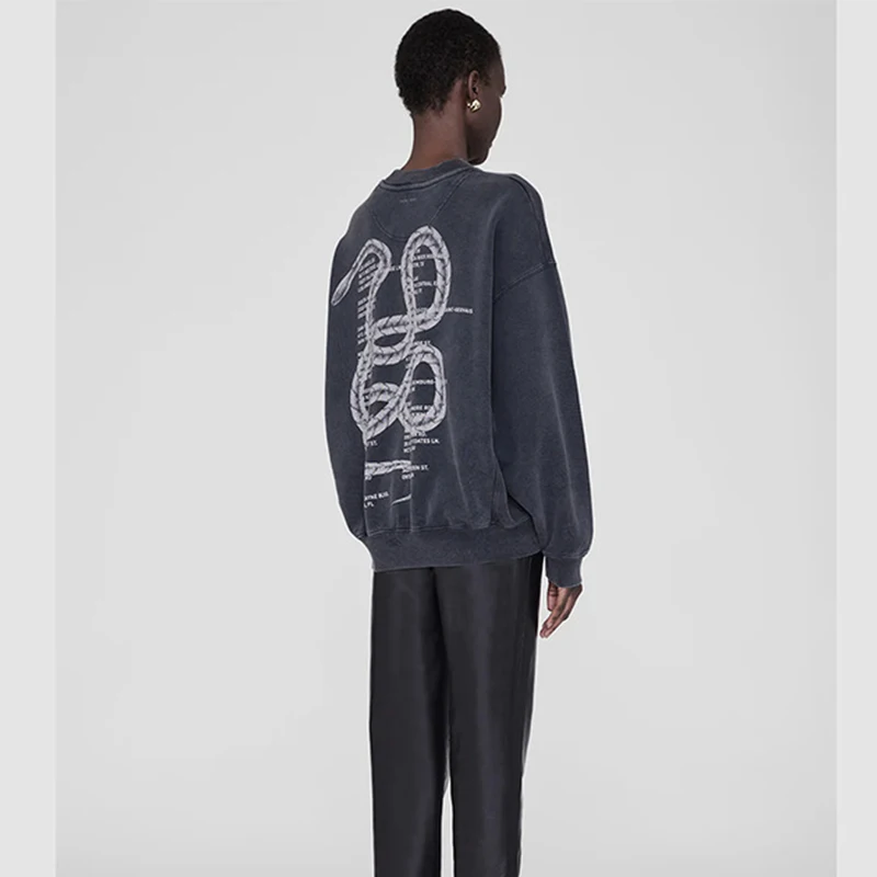 

Early spring North American niche letter snake print wash water stir fry color do old loose black gray women's hoodie