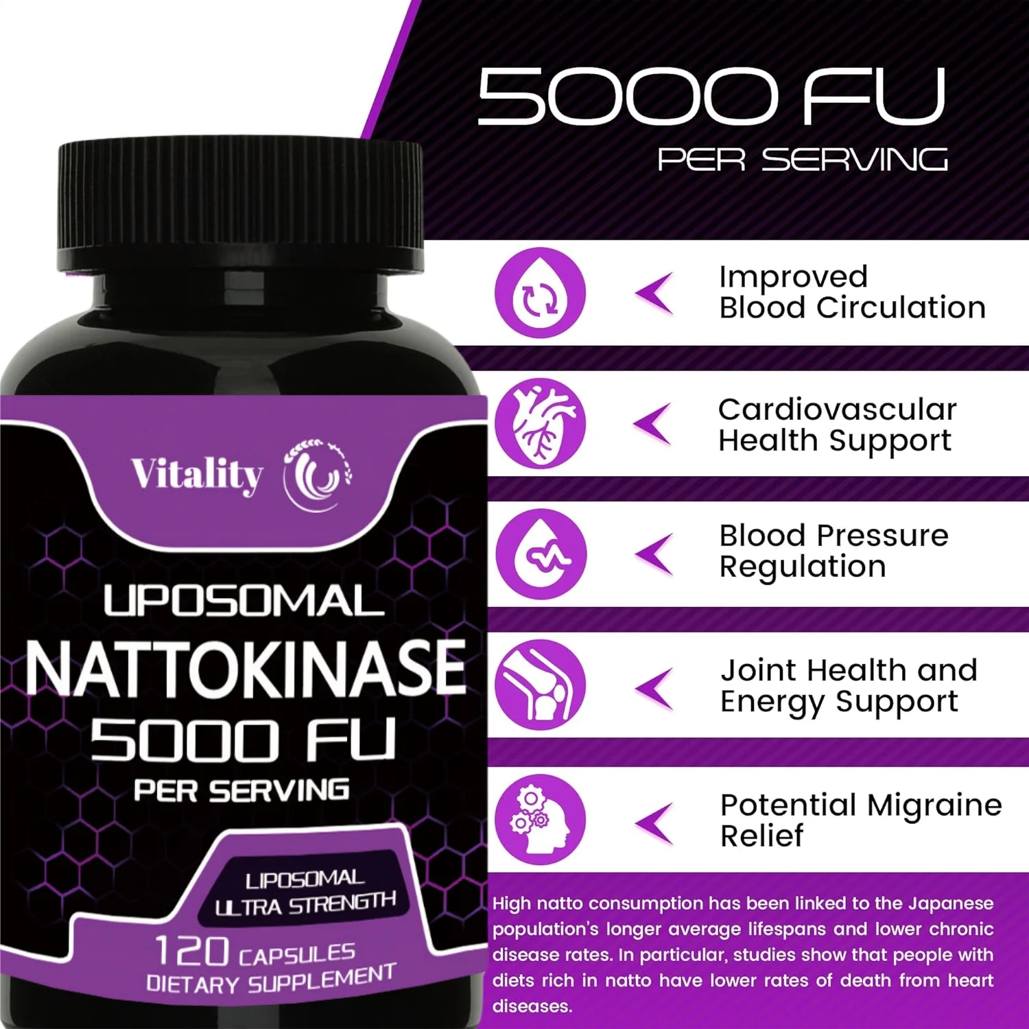 Vitality Nattokinase Supplemental Capsules -5000 FU - Enzyme rich formula for heart health supplements, blood regulation