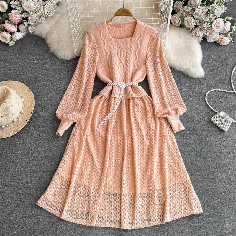 

Fashion Knitted Lace Spliced Dress For Women Celebrity Temperament Long Sleeve Square Neck Slim A-Line Bottom Dress Midi Z3730